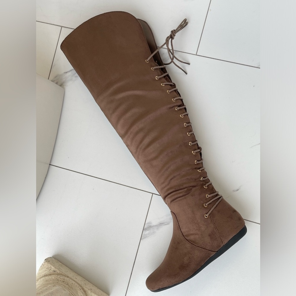 Brown Knee-High Lace-Up Boots